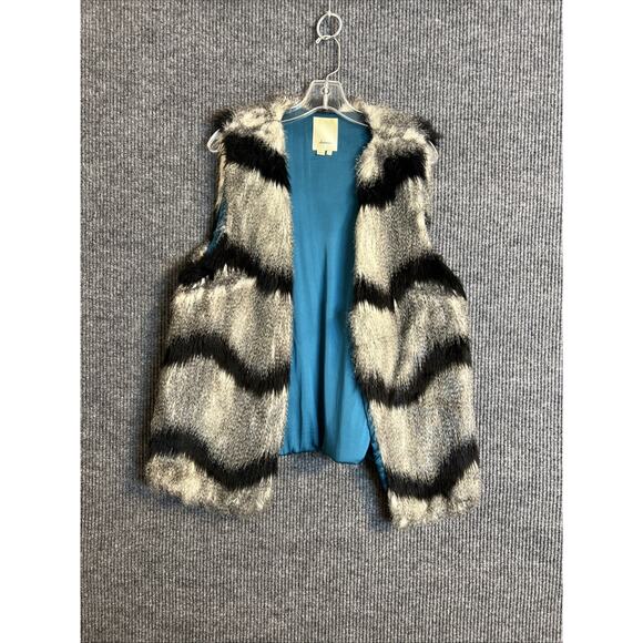 Anthropologie Elevenses Womens Faux Fur Vest Sz Large Shaggy Chevron Gray Black - Picture 1 of 5